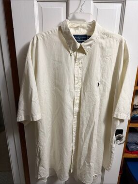 Ralph Lauren Men's Short-Sleeve Button-Down Shirt in Ivory 100% 2 PLY Cotton B2X